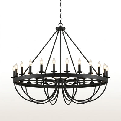 Farmhouse Chandelier Built for High Ceilings, 48 Candle Lights, Black Wagon Wheel Design, Traditional Style