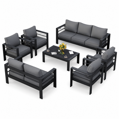 Aluminum Patio Furniture Set, 7 Piece Metal Outdoor Set, Patio Furniture Set with Waterproof Covers for Backyard Garden(Grey)