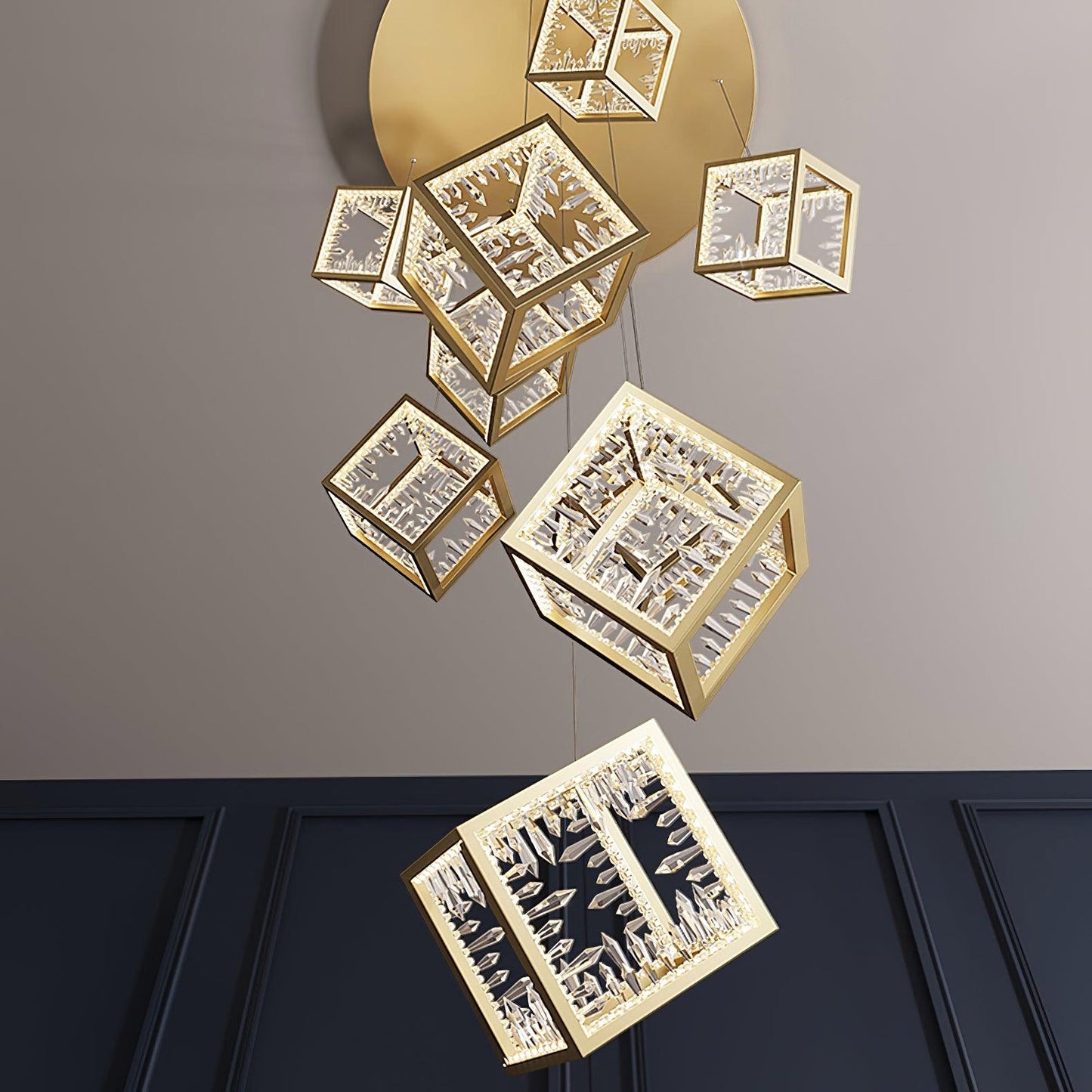 Modern Gold Cube Crystal Chandelier