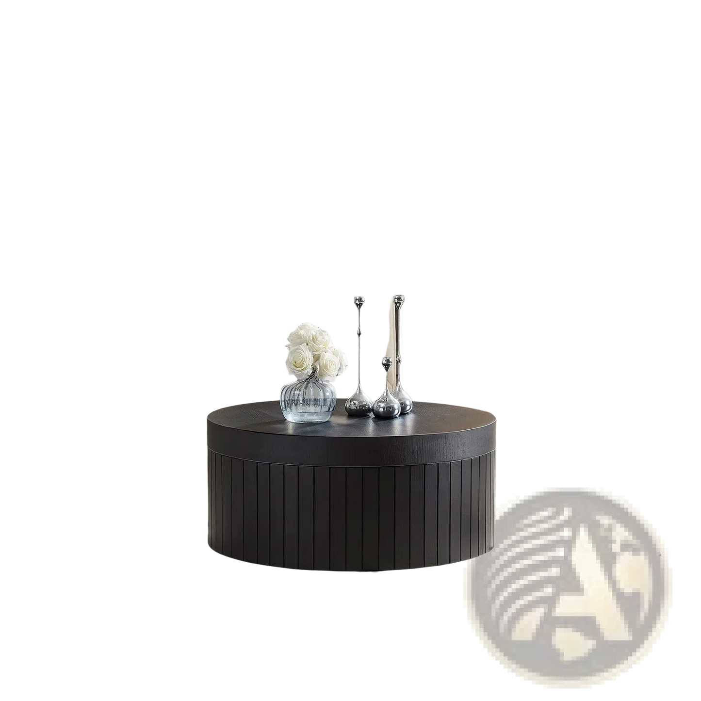 Black Round Coffee Table with Storage and Slatted Base