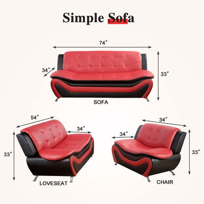 Living Room Furniture Set, Faux Leather Sofa Couch Set, 3 Pieces Modern Sofa Set for Living Room/Apartment/Office (Black&Red)
