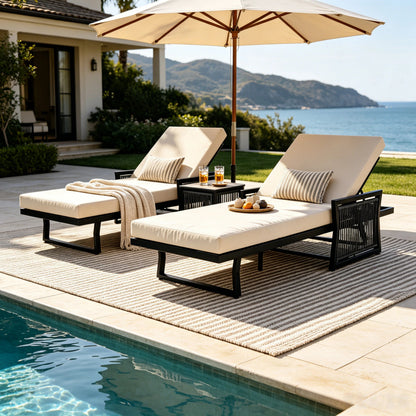 Black Iron Outdoor Chaise Lounge with Adjustable Backrest - Cream Cushion