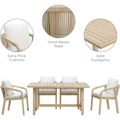 5-Piece Outdoor Dining Set, Solid Eucalyptus Wood Patio Furniture with Handwoven Rope Chairs, Weather-Resistant Cushions, Large Table for Backyard, Deck or Balcony, Natural Finish