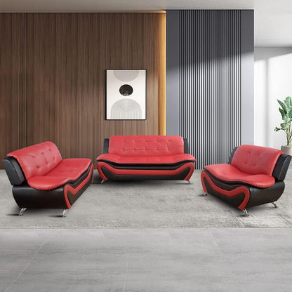 Living Room Furniture Set, Faux Leather Sofa Couch Set, 3 Pieces Modern Sofa Set for Living Room/Apartment/Office (Black&Red)
