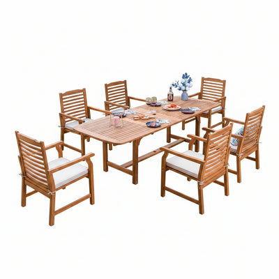 Brown 7-Piece Wood Patio Outdoor Dining Set with Extendable Table and Wood Chairs with Beige Cushion