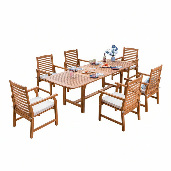Brown 7-Piece Wood Patio Outdoor Dining Set with Extendable Table and Wood Chairs with Beige Cushion
