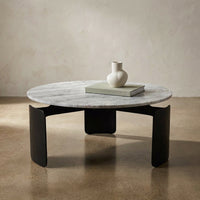 30 In. Gray round Marble Top 3-Footed Coffee Table — Studio Shot