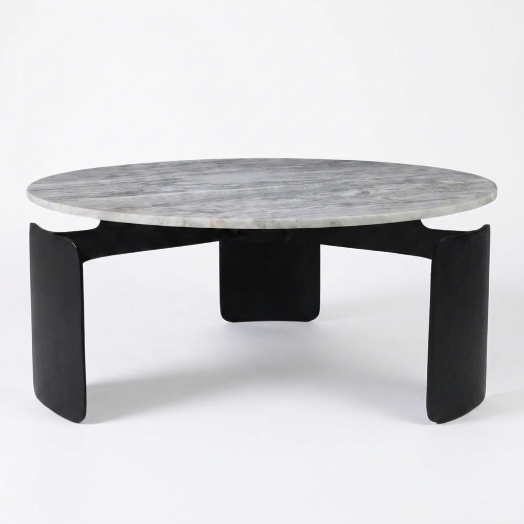30 In. Gray round Marble Top 3-Footed Coffee Table — Studio Shot