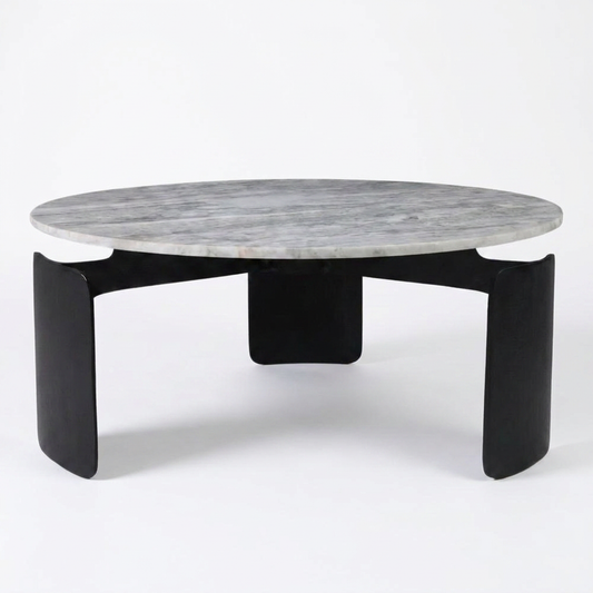 30 In. Gray round Marble Top 3-Footed Coffee Table — Studio Shot