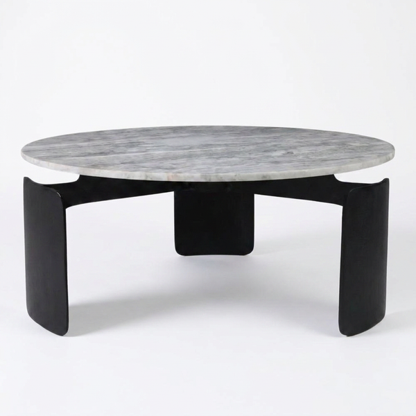 30 In. Gray round Marble Top 3-Footed Coffee Table — Studio Shot