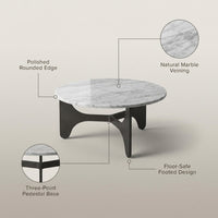 30 In. Gray round Marble Top 3-Footed Coffee Table — infographic