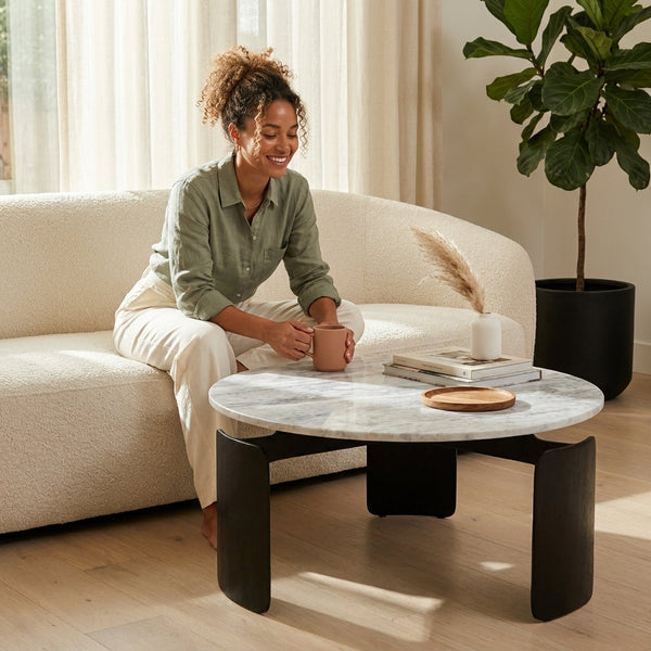 Round Coffee Table Built for Modern Spaces, Gray Marble Top, 3-Footed Base, 30 Inch Diameter