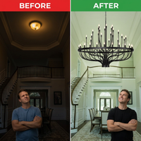48 Light Large Black Candle Style Wagon Wheel Farmhouse Traditional Chandelier for High Ceilings Foyer Dining Room — Before & After