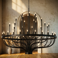 48 Light Large Black Candle Style Wagon Wheel Farmhouse Traditional Chandelier for High Ceilings Foyer Dining Room — Studio Shot