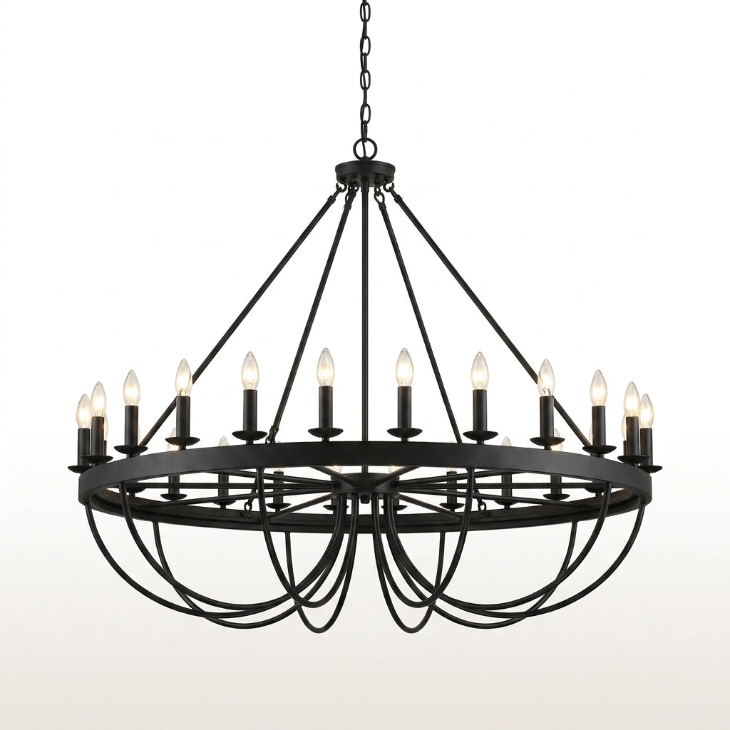 48 Light Large Black Candle Style Wagon Wheel Farmhouse Traditional Chandelier for High Ceilings Foyer Dining Room — Studio Shot