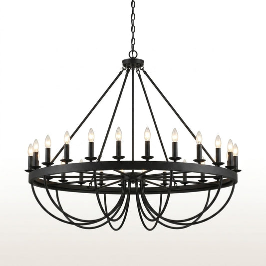 48 Light Large Black Candle Style Wagon Wheel Farmhouse Traditional Chandelier for High Ceilings Foyer Dining Room — Studio Shot