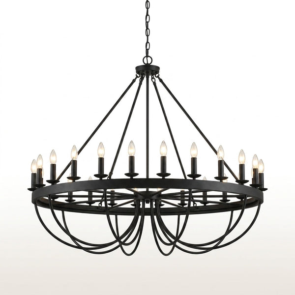 48 Light Large Black Candle Style Wagon Wheel Farmhouse Traditional Chandelier for High Ceilings Foyer Dining Room — Studio Shot