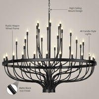 48 Light Large Black Candle Style Wagon Wheel Farmhouse Traditional Chandelier for High Ceilings Foyer Dining Room — infographic