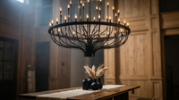 48 Light Large Black Candle Style Wagon Wheel Farmhouse Traditional Chandelier for High Ceilings Foyer Dining Room — Lifestyle