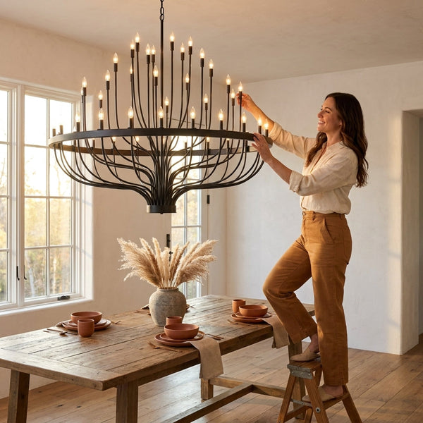 Farmhouse Chandelier Built for High Ceilings, 48 Candle Lights, Black Wagon Wheel Design, Traditional Style
