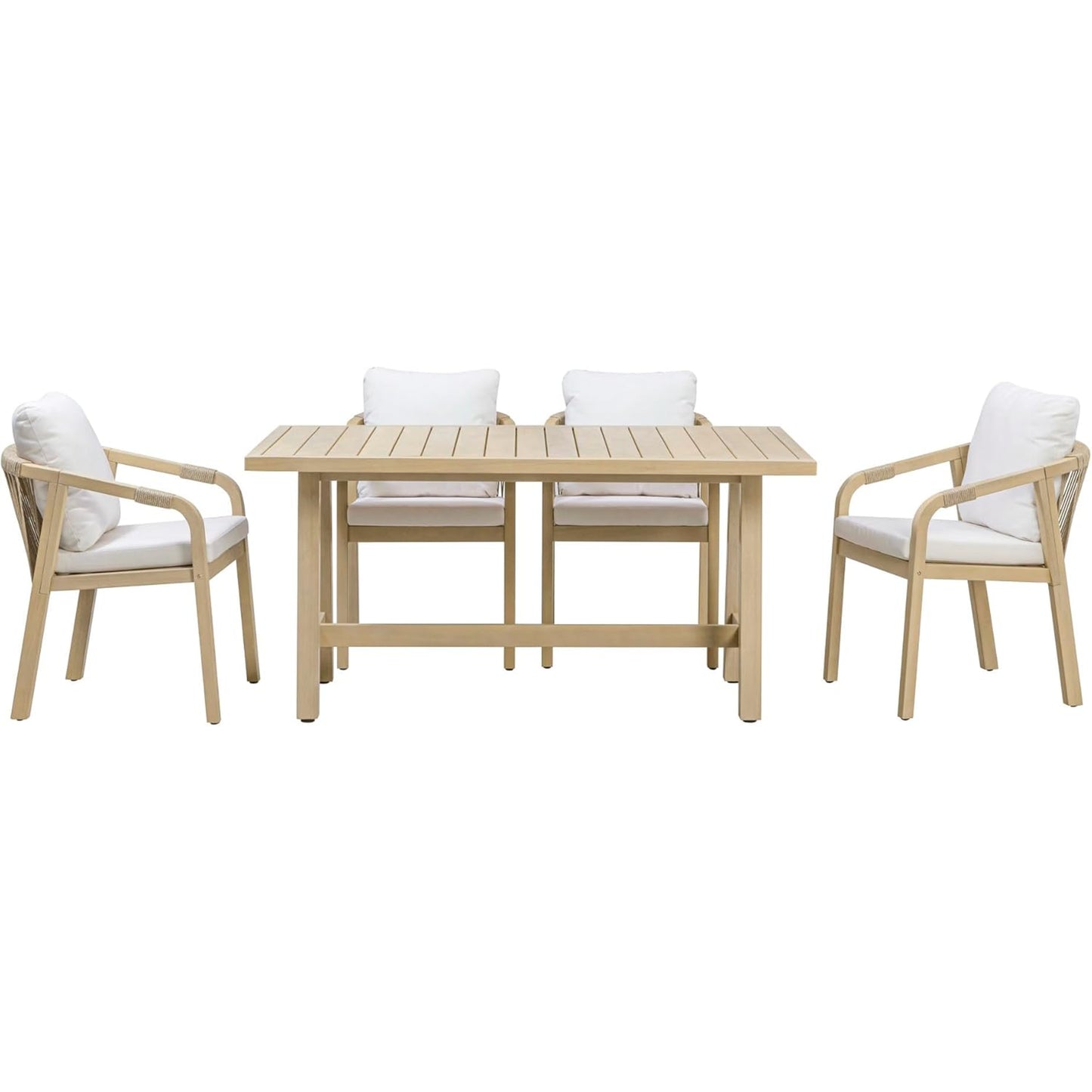 5-Piece Outdoor Dining Set, Solid Eucalyptus Wood Patio Furniture with Handwoven Rope Chairs, Weather-Resistant Cushions, Large Table for Backyard, Deck or Balcony, Natural Finish