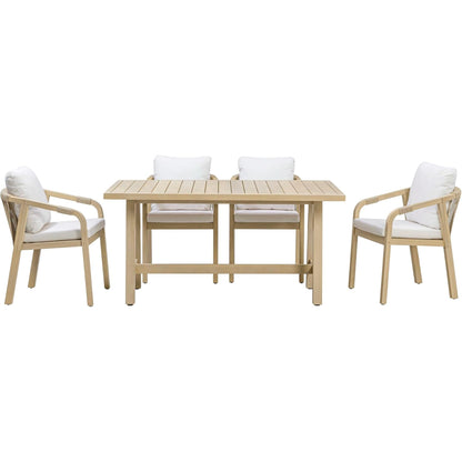 5-Piece Outdoor Dining Set, Solid Eucalyptus Wood Patio Furniture with Handwoven Rope Chairs, Weather-Resistant Cushions, Large Table for Backyard, Deck or Balcony, Natural Finish
