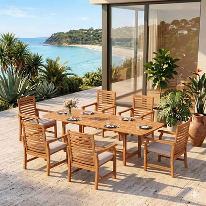 Brown 7-Piece Wood Patio Outdoor Dining Set with Extendable Table and Wood Chairs with Beige Cushion
