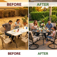 5-Piece Metal Outdoor Dining Set with Beige Cushions and Swivel Dining Chairs — Before & After