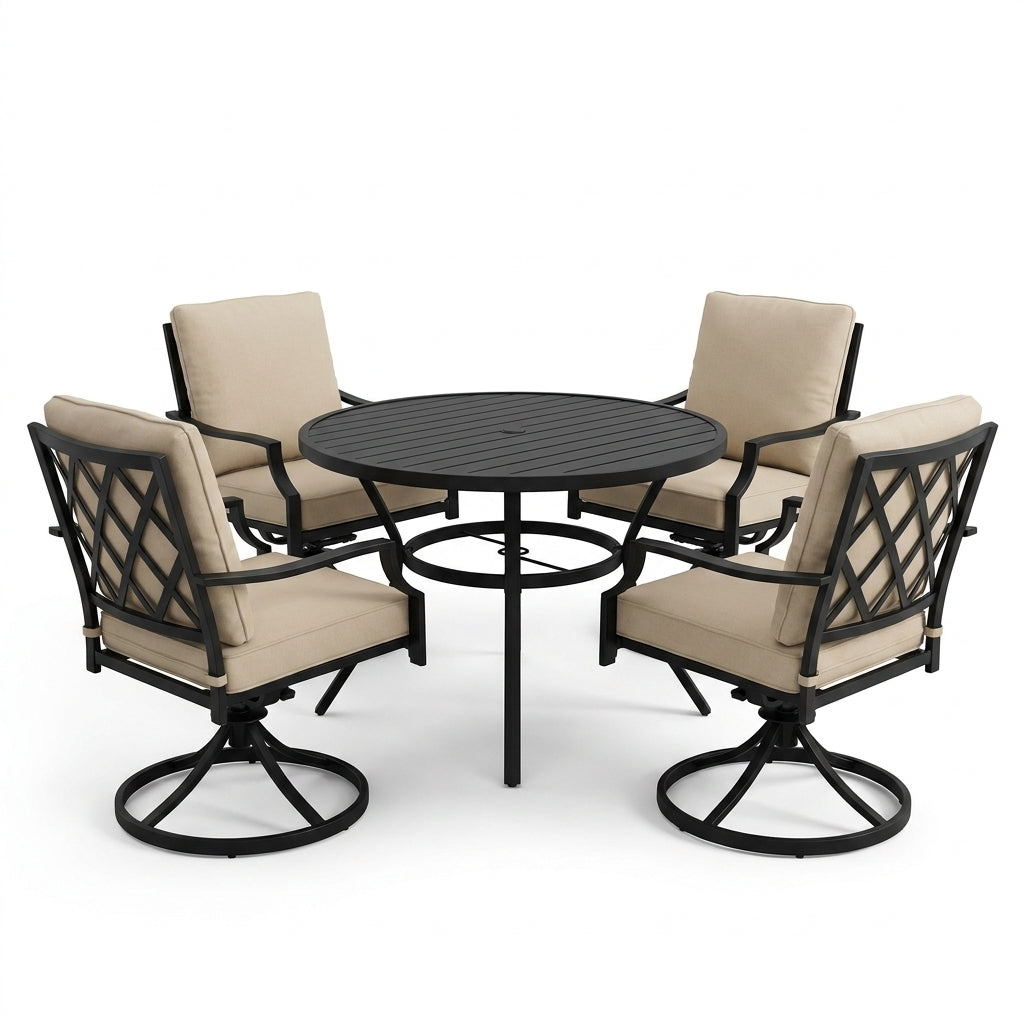 5-Piece Metal Outdoor Dining Set with Beige Cushions and Swivel Dining Chairs — Studio Shot
