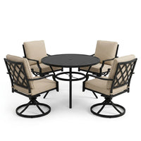 5-Piece Metal Outdoor Dining Set with Beige Cushions and Swivel Dining Chairs — Studio Shot