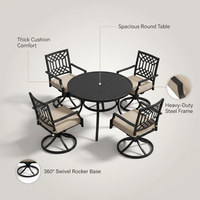 5-Piece Metal Outdoor Dining Set with Beige Cushions and Swivel Dining Chairs — infographic