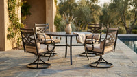 5-Piece Metal Outdoor Dining Set with Beige Cushions and Swivel Dining Chairs — Lifestyle