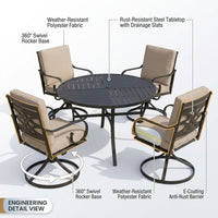 5-Piece Metal Outdoor Dining Set with Beige Cushions and Swivel Dining Chairs — How It Works