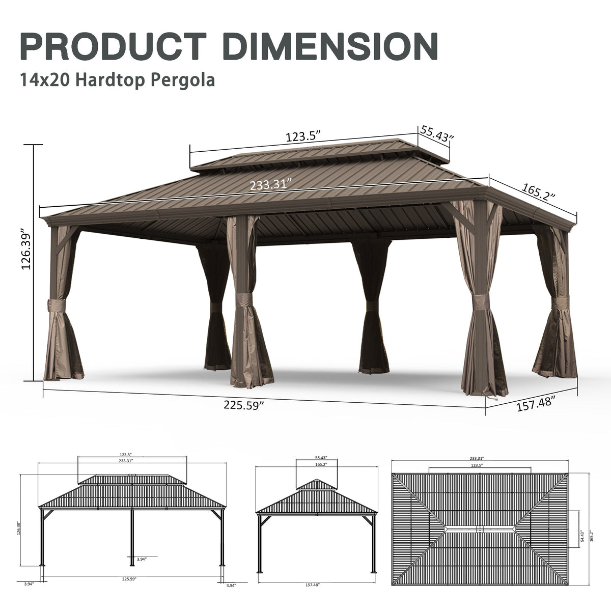 14' x 20' Hardtop Gazebo with Dual-Layer Galvanized Steel Roof - Metal Finish