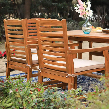 Brown 7-Piece Wood Patio Outdoor Dining Set with Extendable Table and Wood Chairs with Beige Cushion