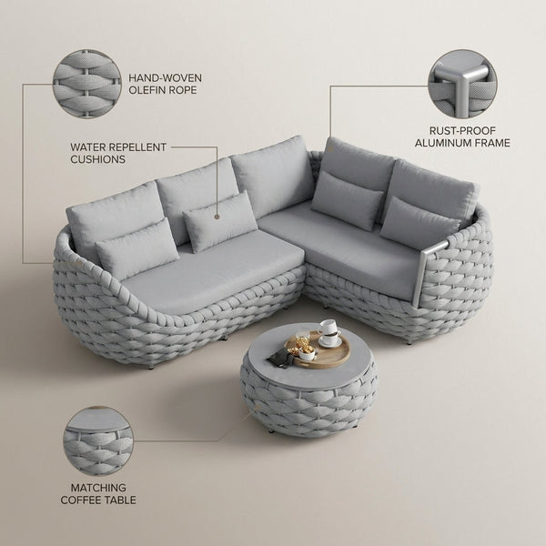 6-Piece Aluminum Patio Furniture Set, Olefin Rope Modern Outdoor Conversation Set Sectional Sofa with Water Repellent Thick Cushions and Coffee Table for Balcony, Garden, Light Grey — infographic