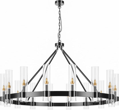 48 Inch Black Wagon Wheel Chandelier with Glass Shade