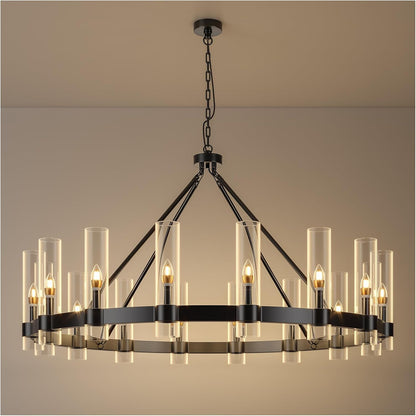 48 Inch Black Wagon Wheel Chandelier with Glass Shade