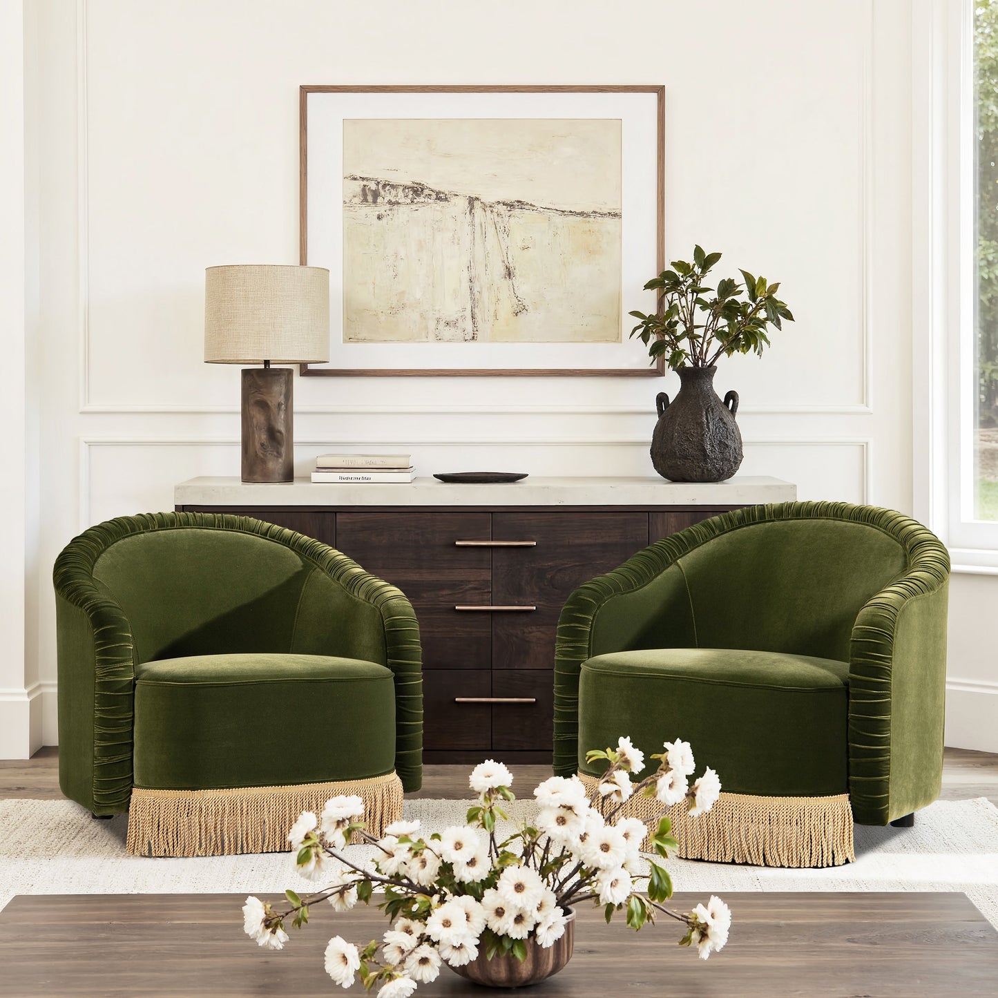 Serena 31.5" Ruched Barrel Back Accent Arm Chair with Bullion Fringe, Olive