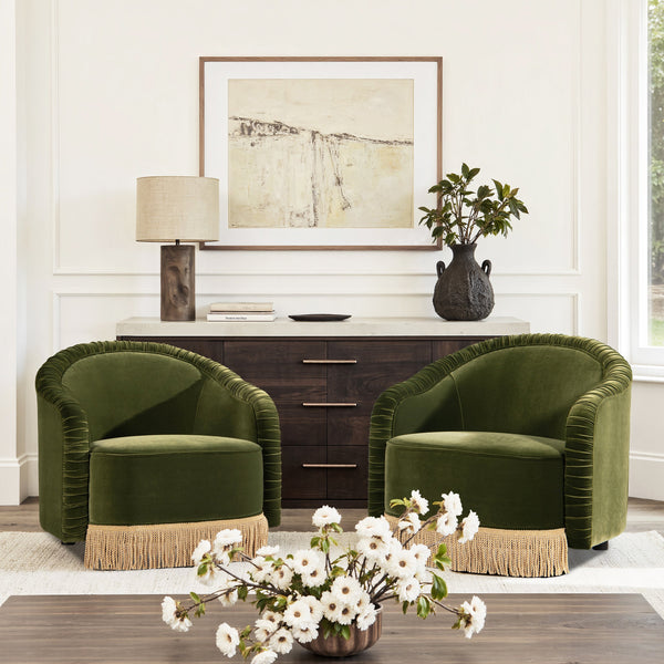Serena 31.5" Ruched Barrel Back Accent Arm Chair with Bullion Fringe, Olive