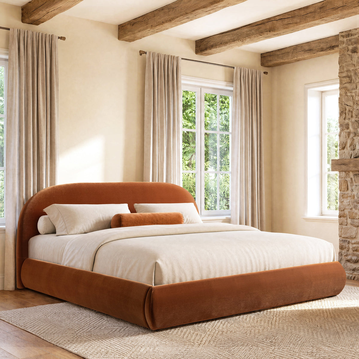 Burnt Velvet King Platform Bed with Puffy Grounded Headboard