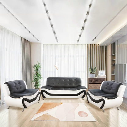 Living Room Furniture Set, Faux Leather Sofa Couch Set, 3 Pieces Modern Sofa Set for Living Room/Apartment/Office (Black&White)