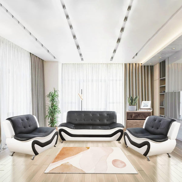 Living Room Furniture Set, Faux Leather Sofa Couch Set, 3 Pieces Modern Sofa Set for Living Room/Apartment/Office (Black&White)