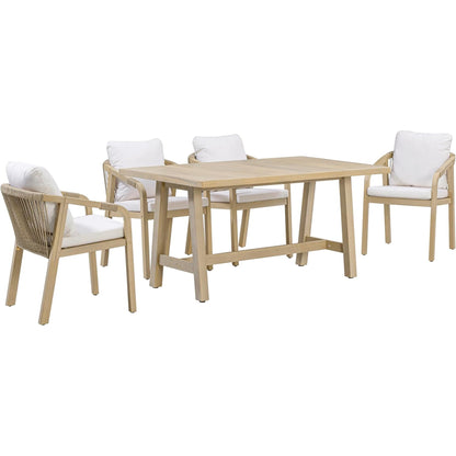 5-Piece Outdoor Dining Set, Solid Eucalyptus Wood Patio Furniture with Handwoven Rope Chairs, Weather-Resistant Cushions, Large Table for Backyard, Deck or Balcony, Natural Finish
