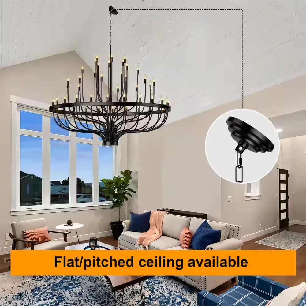 48 Light Large Black Candle Style Wagon Wheel Farmhouse Traditional Chandelier for High Ceilings Foyer Dining Room