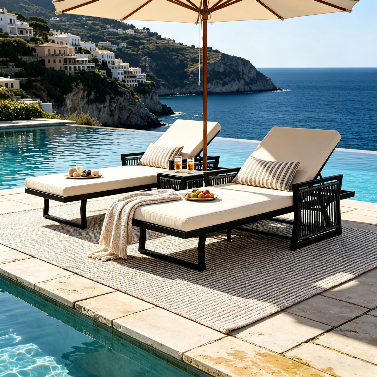Black Iron Outdoor Chaise Lounge with Adjustable Backrest - Cream Cushion