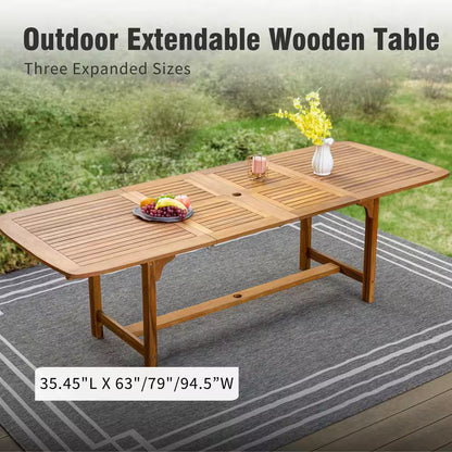 Brown 7-Piece Wood Patio Outdoor Dining Set with Extendable Table and Wood Chairs with Beige Cushion
