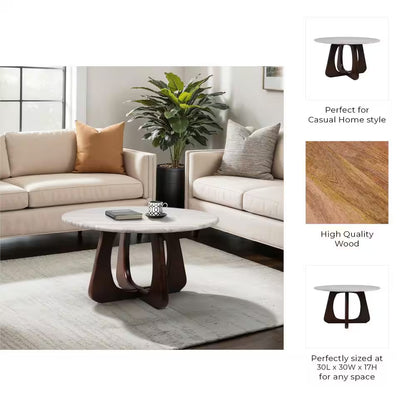 30 In. X 17 In. Brown round Marble Top Coffee Table with Openwork Base