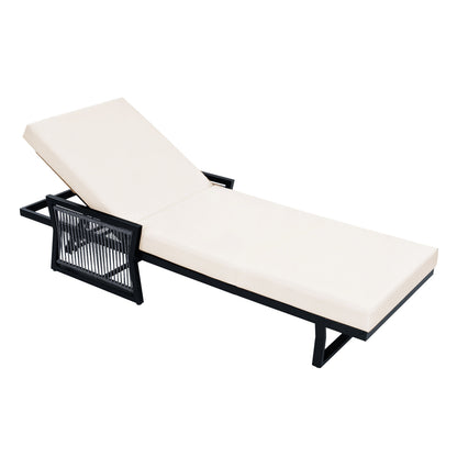 Black Iron Outdoor Chaise Lounge with Adjustable Backrest - Cream Cushion