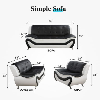 Living Room Furniture Set, Faux Leather Sofa Couch Set, 3 Pieces Modern Sofa Set for Living Room/Apartment/Office (Black&White)